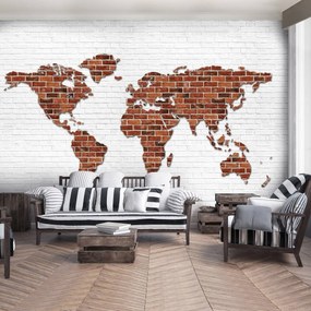 Fototapet - Harta lumii pe perete din cărămizi (254x184 cm), în 8 de alte dimensiuni noi
