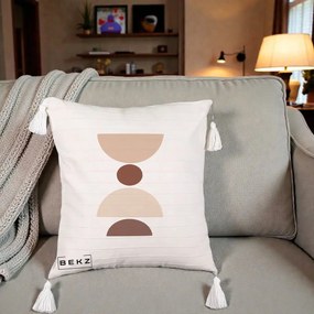 Perna Decorativa Geometric Boho Cerc si Boluri, 40x40 cm, Bej cu Franjuri, Husa Detasabila, Perna Inclusa, BEKZ®