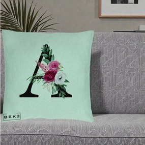 Cadou Personalizat - Perna Personalizata Monograma Florala Litera A, 40x40 cm, Verde Menta, Husa Detasabila, Perna Inclusa, BEKZ®
