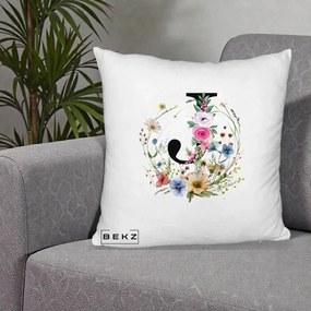 Cadou Personalizat - Perna Personalizata Monogram Litera J cu Flori Acuarela, 40x40 cm, Alb Pufos, Husa Detasabila, Perna Inclusa, BEKZ®