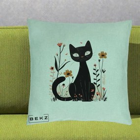 Perna Decorativa Pisica Neagra Flori Pastel Folk, 40x40 cm, Verde Menta, Husa Detasabila, Perna Inclusa, BEKZ®