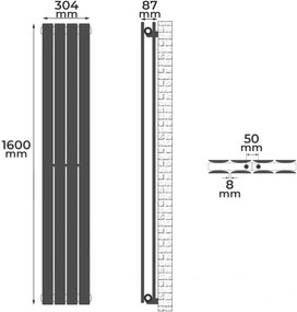 Radiator vertical, conexiune centrală, 1600 x 304 x 69 mm