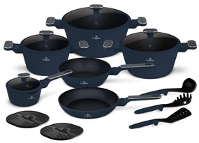 Set oale si tigai cu capace si ustensile 15 piese Deep See Berlinger Haus BH8382, albastru mat, antiaderente, compatibile inductie