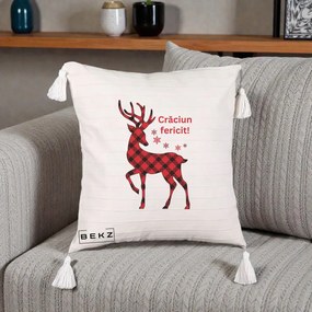 Perna Decorativa Ren Tartan Craciun Fericit, 40x40 cm, Bej cu Franjuri, Husa Detasabila, Perna Inclusa, BEKZ®