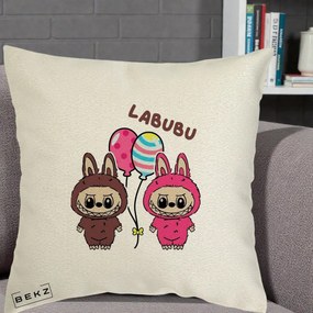 Perna Personalizata Labubu Cuplu cu Baloane, 40x40 cm, Ecru, Husa Detasabila, Perna Inclusa, BEKZ®