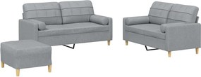 vidaXL Set de canapele cu perne, 3 piese, gri deschis, textil