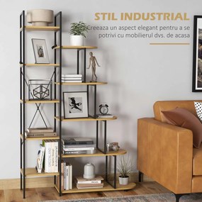 HOMCOM Raft Bibliotecă cu 10 Niveluri, Stil Industrial din PAL și Oțel, 111.5x32x170 cm, Negru și Lemn Natural | Aosom Romania