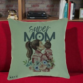 Cadou pentru Mama - Perna Personalizata Super Mom Mama cu Bebelusul, 40x40 cm, Verde, Husa Detasabila, Perna Inclusa, BEKZ®