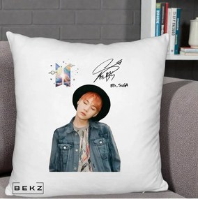 Perna Personalizata K-pop BTS Suga par Portocaliu Palarie Autograf, 40x40 cm, Alb Pufos, Husa Detasabila, Perna Inclusa, BEKZ®