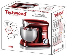 Mixer planetar Techwood TCDR-135, 1300W, 6,5 litri, 6 viteze + Pulse, 3 accesorii, Rosu metalic