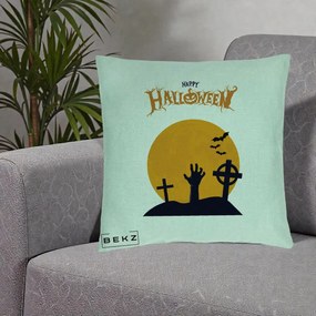 Perna Decorativa Happy Halloween Cimitir cu Luna, 40x40 cm, Verde Menta, Husa Detasabila, Perna Inclusa, BEKZ®