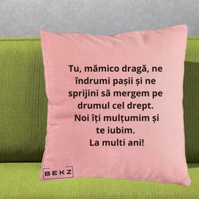 Cadou pentru Mama - Perna Personalizata Mamico Draga Te Iubim La Multi Ani cu Text Negru, 40x40 cm, Roz, Husa Detasabila, Perna Inclusa, BEKZ®