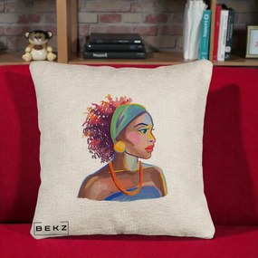 Perna Decorativa Portret Femeie Urbana Acuarela, 40x40 cm, Bej Canapea, Husa Detasabila, Perna Inclusa, BEKZ®