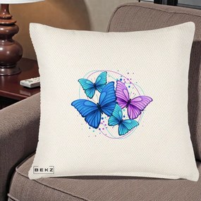 Perna Decorativa Patru Fluturi Turcoaz-Violet, 40x40 cm, Crem Reliefat, Husa Detasabila, Perna Inclusa, BEKZ®