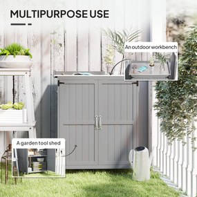 Outsunny Dulap de Exterior, Dulap pentru Ustensile cu Blat din Metal și Raft, Banc de Lucru din Lemn cu 2 Uși pentru Grădină, Terasă, Curte, Gri | Aosom Romania