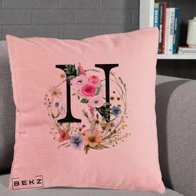 Cadou Personalizat - Perna Personalizata Monogram Litera N cu Flori Acuarela, 40x40 cm, Roz, Husa Detasabila, Perna Inclusa, BEKZ®