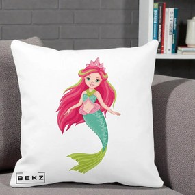 Perna Decorativa Sirena Roz cu Coroana, 40x40 cm, Alba Mata, Husa Detasabila, Perna Inclusa, BEKZ®
