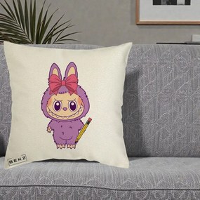 Perna Personalizata Labubu Mov cu Funda Rosie si Creion, 40x40 cm, Ecru, Husa Detasabila, Perna Inclusa, BEKZ®