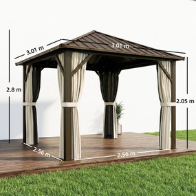 Outsunny Pavilion de grădină aprox. 3 x 3 m pavilion din aluminiu cu acoperiș din oțel Hardtop plasă anti-țânțari 4 părți, UPF50+ | Aosom Romania