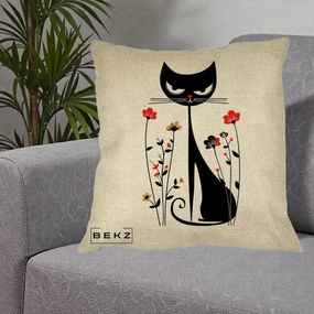 Perna Decorativa Pisica Neagra Grafica Flori Rosii, 40x40 cm, Crem, Husa Detasabila, Perna Inclusa, BEKZ®