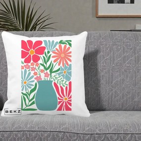 Perna Decorativa Flori in Vaza Turcoaz, 40x40 cm, Alba Mata, Husa Detasabila, Perna Inclusa, BEKZ®