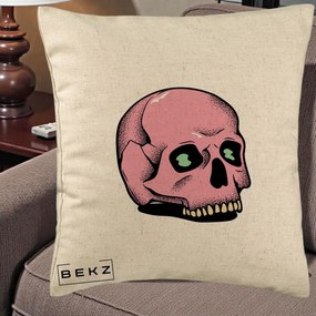 Perna Decorativa Craniu Roz Tatoo Art Halloween, 40x40 cm, Bej, Husa Detasabila, Perna Inclusa, BEKZ®