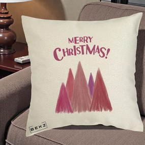 Perna Decorativa Merry Christmas Brazi Roz, 40x40 cm, Ecru, Husa Detasabila, Perna Inclusa, BEKZ®