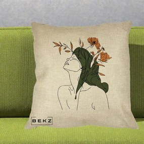 Perna Decorativa Portret Feminin Profil Flori Portocalii, 40x40 cm, Crem, Husa Detasabila, Perna Inclusa, BEKZ®