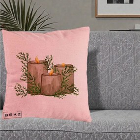 Perna Decorativa Lumanari Rustice cu Crengute Brad, 40x40 cm, Roz, Husa Detasabila, Perna Inclusa, BEKZ®