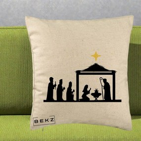 Perna Decorativa Nasterea Pruncului Silueta Neagra si Stea Aurie, 40x40 cm, Bej, Husa Detasabila, Perna Inclusa, BEKZ®