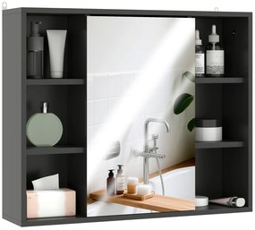 HOMCOM Mobilier baie cu oglindă, dulap cu uși și 6 compartimente deschise, 60 x 14,5 x 49,4 cm, negru | Aosom Romania