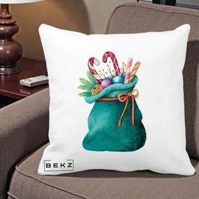 Perna Decorativa Saculet Cadouri Mos Craciun Acuarela Verde, 40x40 cm, Alba Mata, Husa Detasabila, Perna Inclusa, BEKZ®