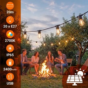 Ghirlandă decorativă LED solară reglabilă 20xE27/3V USB 2400 mAh 20,62 m IP65 negru + telecomandă