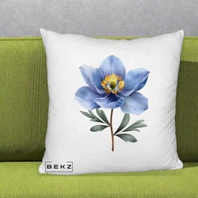 Perna Decorativa Anemona Albastra Botanica, 40x40 cm, Alb Pufos, Husa Detasabila, Perna Inclusa, BEKZ®