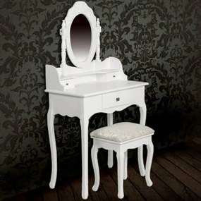 Masa de toaleta cu oglinda si taburet, alb