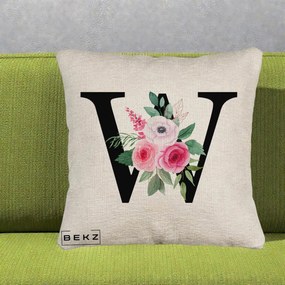 Cadou Personalizat - Perna Personalizata Monograma Florala Litera W cu Trandafiri si Anemona, 40x40 cm, Bej Canapea, Husa Detasabila, Perna Inclusa, BEKZ®