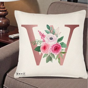 Cadou Personalizat - Perna Personalizata Monograma Rose Gold Litera W cu Trandafiri si Anemona, 40x40 cm, Crem Reliefat, Husa Detasabila, Perna Inclusa, BEKZ®