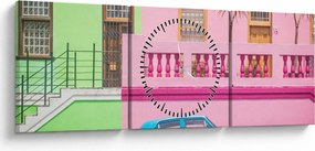 Tablou cu mașina - casele colorate (cu ceas) (90x30 cm)