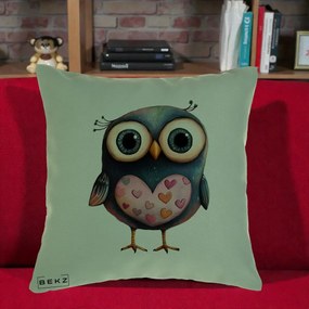 Perna Decorativa Bufnita cu Inimioare Roz, 40x40 cm, Verde, Husa Detasabila, Perna Inclusa, BEKZ®