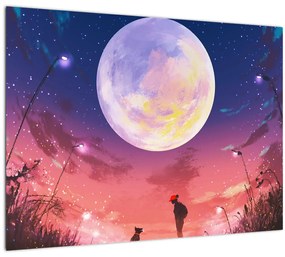 Tablou pe sticlă - Femeie și câine pe lună plină (70x50 cm)