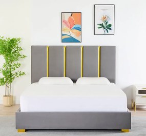 Pat Tapitat Catifea Gri 160x200 cm cu Somiera si Saltea  Inclusa ,   Cod LB-214