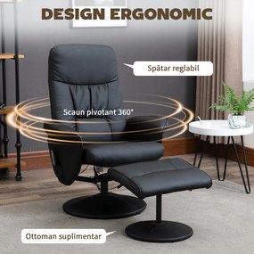 HOMCOM Fotoliu Relaxant cu Suport pentru Picioare, Reclinabil 145° cu Șezut Rotativ, cu 10 Puncte de Masaj, Negru | Aosom Romania