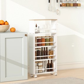 HOMCOM Raft multifuncțional cu roți, construcție îngustă, 4 compartimente, 45x15x91 cm, Lemn natural | Aosom Romania