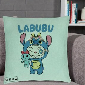Perna Personalizata Labubu x Stitch cu Flori, 40x40 cm, Verde Menta, Husa Detasabila, Perna Inclusa, BEKZ®