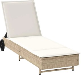 vidaXL Șezlong cu roți și pernă, bej, poliratan