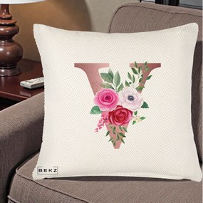 Cadou Personalizat - Perna Personalizata Monograma Rose Gold Litera V, 40x40 cm, Crem Reliefat, Husa Detasabila, Perna Inclusa, BEKZ®