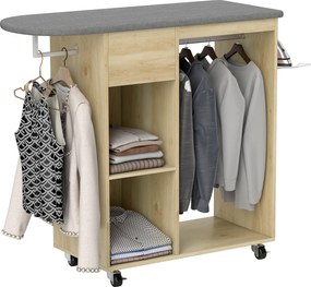 HOMCOM Dulap pentru călcat din lemn masă de călcat pe roți bară de suspendare raft 125 x 43,5 x 102,5 cm lemn natural | Aosom Romania