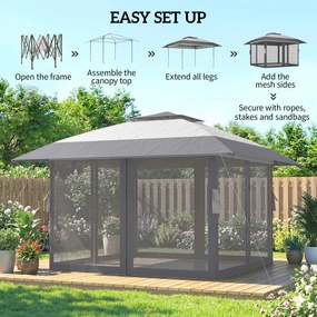 Outsunny Pavilion 4x4m Impermeabil Reglabil pe înălțime Pop-up Pavilion pliant cu dublu acoperiș 4 laterale din plasă, UV 30+Gri deschis | Aosom Romania