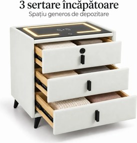 Noptieră inteligentă multifuncțională, 3 sertare, blocare cu amprentă, LED-uri tactile, 3 tipuri de culoare, încărcare fără fir, Difuzor Bluetooth, incarcare USB, sticla securizata, catifea
