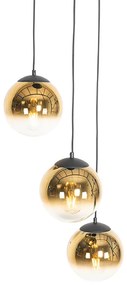 Lampă suspendată Art Deco neagră cu sticlă aurie rotundă cu 3 lumini - Pallon